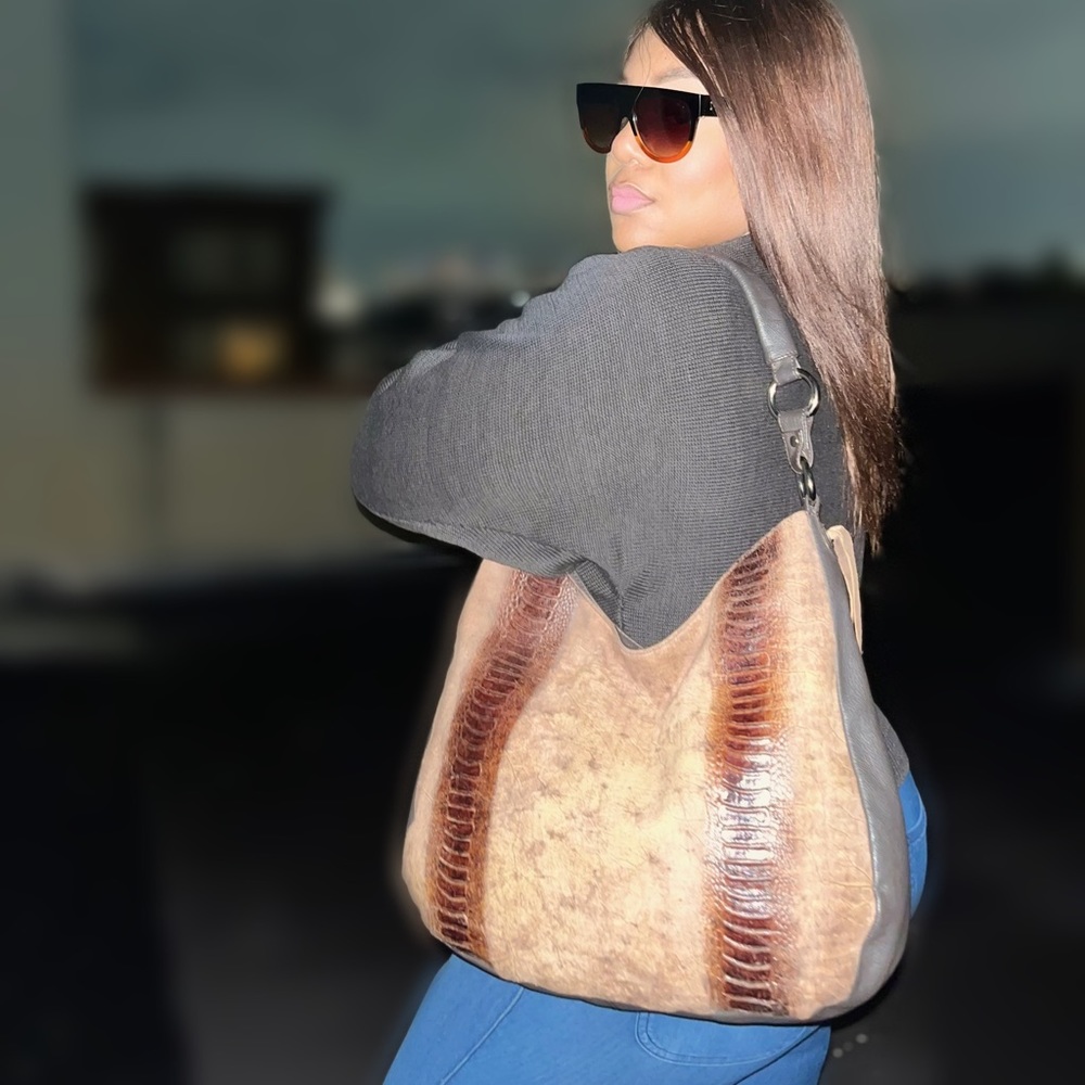 Bonini Brown Beige Italian Leather Animal Print Crescent Shoulder bag - Large